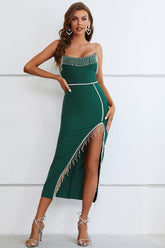 Sefa Strapless Fringe Long Slit Bandage Dress Ins Street